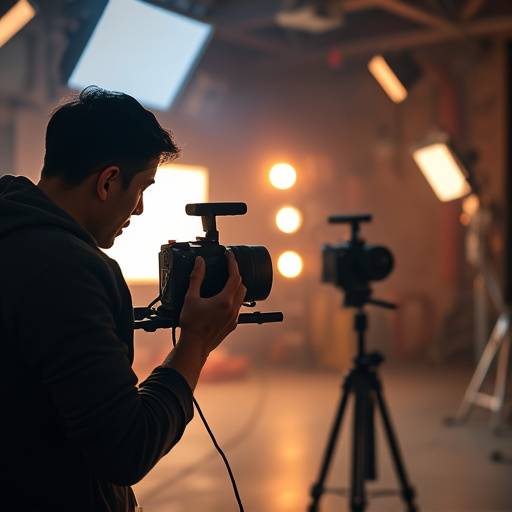 Aluno gravando uma cena para o cinema em um set de filmagem