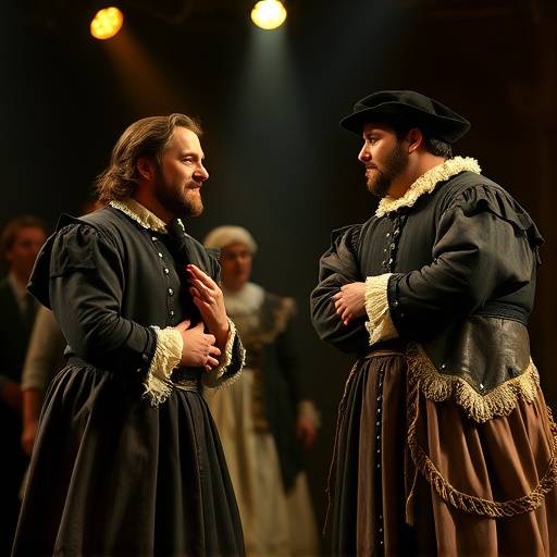 Atores representando uma cena de Shakespeare com figurinos de época