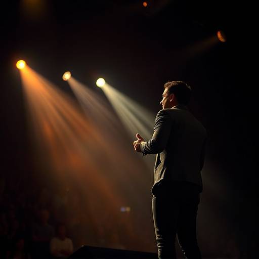 Foto de Ricardo Almeida, professor de atuaäão, em um palco durante uma apresentaäão teatral